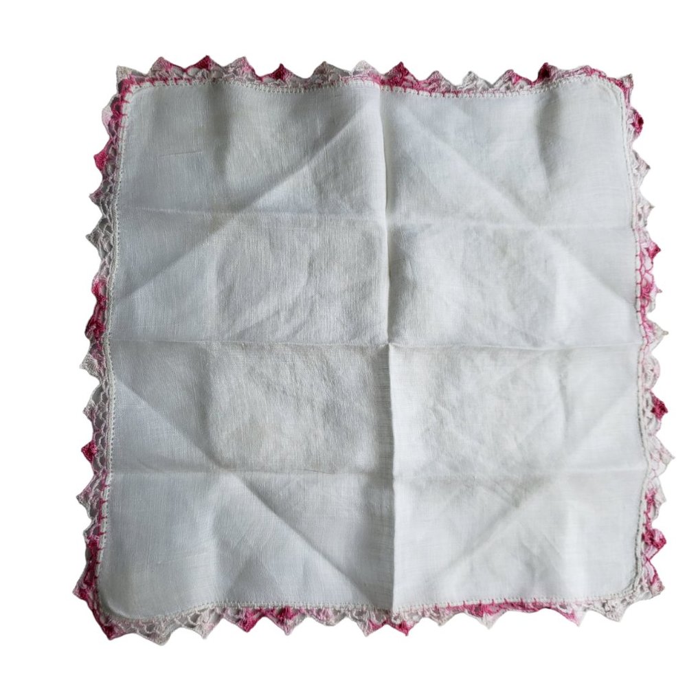 Vtg Ladies Handkerchief /Hankies White linen Pink Crochet Lace trim